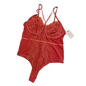 nwt French Affair Lace Mesh Lingerie Bodysuit in Coral Rose Pink — Size 2X, XXL